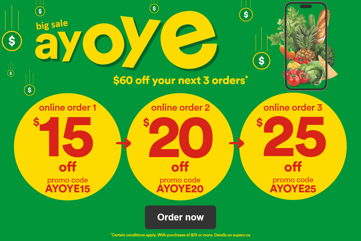 Big sale Ayoye - $60 off your next 3 orders - Online order 1: $15 off promo code AYOYE15 - Online order 2: $20 off promo code AYOYE20 - Online order 3: $25 off promo code AYOYE25 - Order now