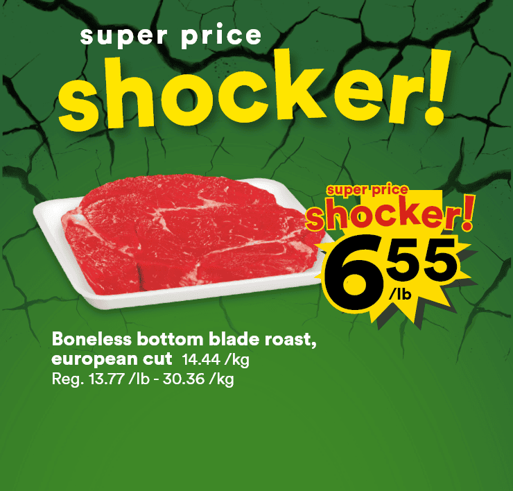 Super price shocker! - Boneless bottom blade roast, european cut, large oranges, Selection white eggs