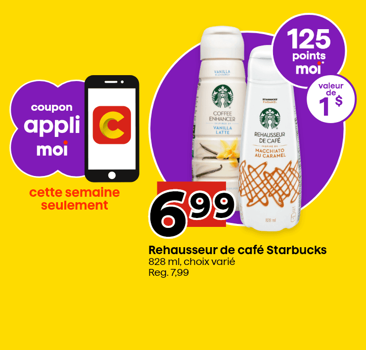 Coupon appli Moi - Cette semaine seulement 125 points Moi valeur de 1 $ - Rehausseur de café Starbucks