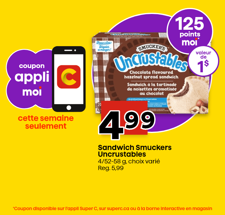 Coupon appli Moi - Cette semaine seulement - 125 points Moi* d'une valeur de 1 $ à l'achat d'un Sandwich Smuckers Uncrustables