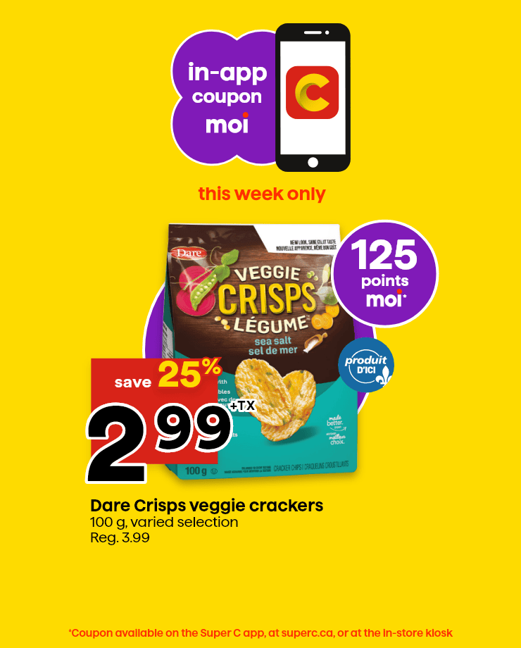 In-app coupon Moi - This week only - 125 points Moi* - Dare Crisps veggie crackers