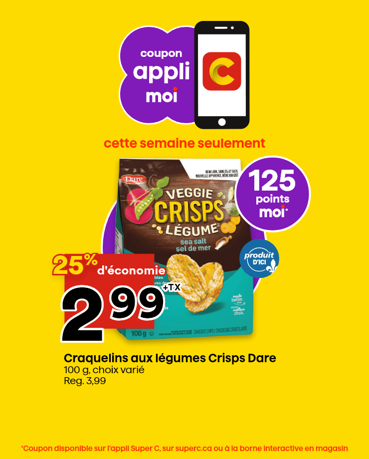 Coupon appli Moi - Cette semaine seulement - 125 points Moi* - Craquelins aux légumes Crisps Dare