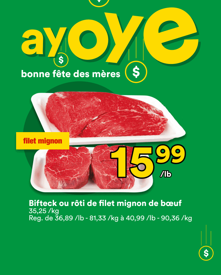 Grande vente Ayoye - Bonne fête des mères - Bifteck ou rôti de filet mignon de bœuf - Cerises- Jus Oasis