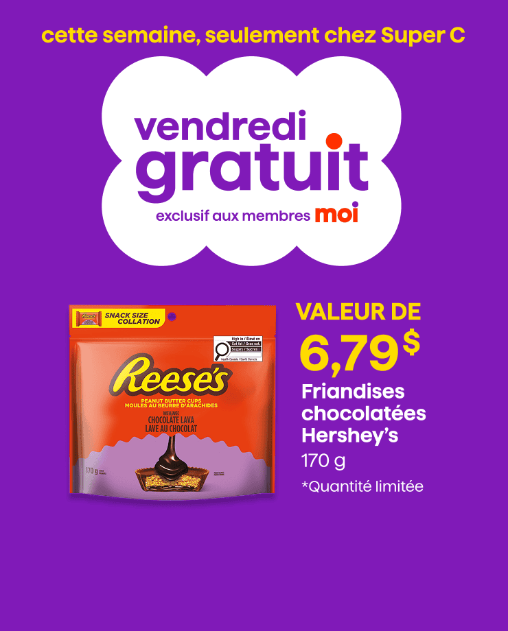 Vendredi gratuit exclusif aux membres Moi. Obtenez des friandises chocolatées Hershey’s gratuitement cette semaine seulement chez Super C.