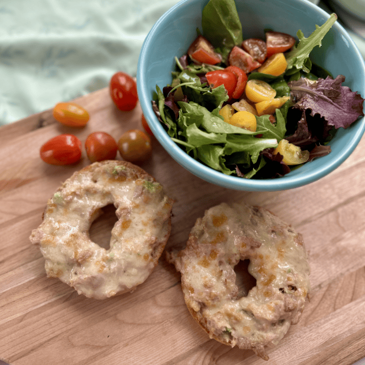 tuna-avocado croque monsieur on bagel au gratin