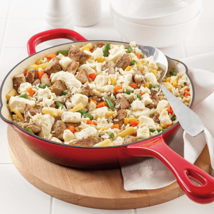 skillet pork rice with cheese curds