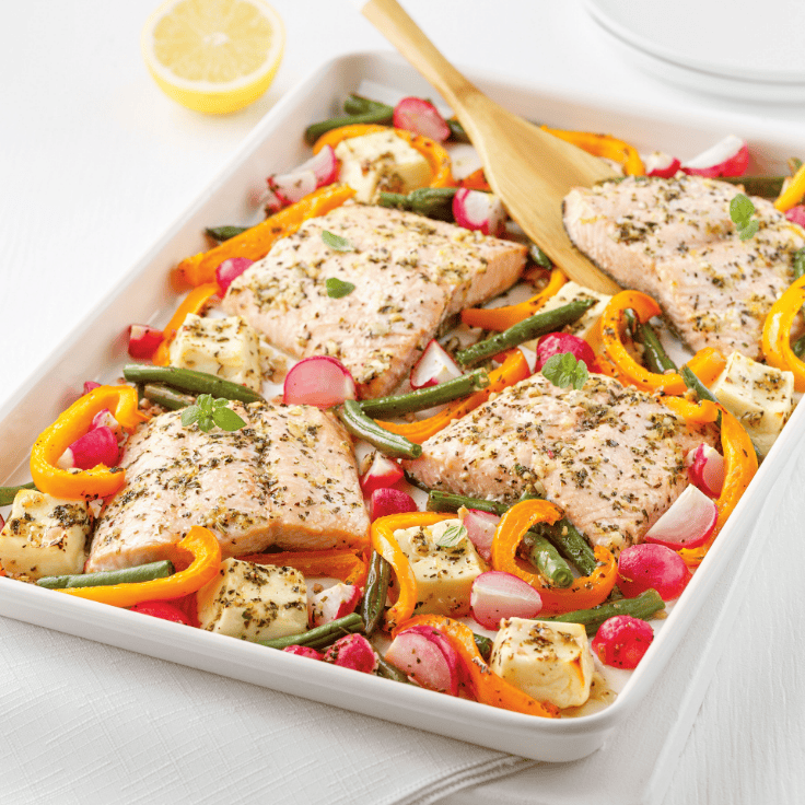 sheet pan salmon, halloumi and veggies