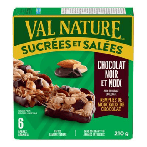 Produit: Barres tendres granola au chocolat noir et noix avec enrobage chocolaté, Sucrées et Salées