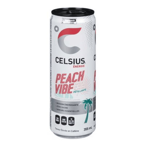 Produit: Boisson énergisante pétillante à saveur de pêche blanche, Peach Vibe
